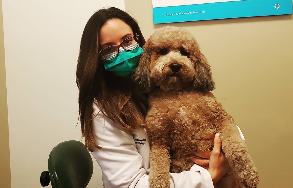 Female dental professional holding a friendly dog in a clinical setting.